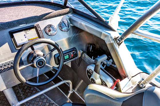 Electronics are a Garmin Echomap Plus 75SV, providing sonar and GPS in a single package, and a GME GX700B VHF handles the communications.