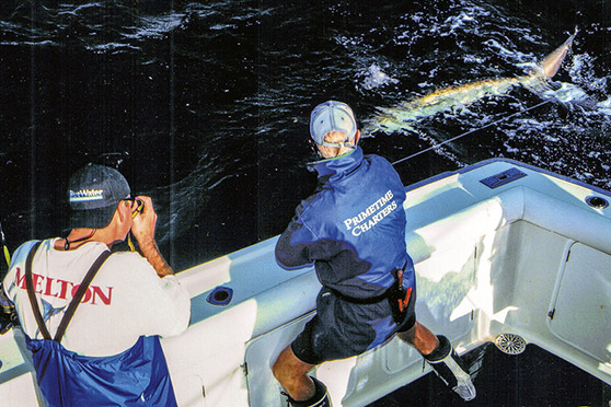 Matt during his days as a crewman on Primetime, dealing with a shark during the pioneering years of the Three Kings broadbill fishery.