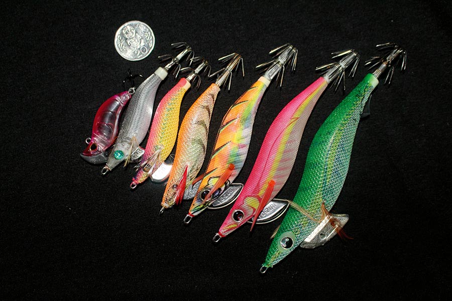 Jigs are available in a plethora of colours and sizes. The range shown here are between 1.5 and 3.5.