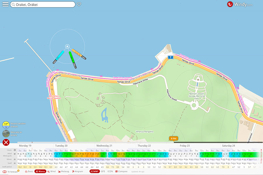 A low offshore wind and small swells are the kind of signs we look for in the Windy App when deciding on the location to fish. The Mission Bay area looks ideal to fish in this condition. Image: Windy.com