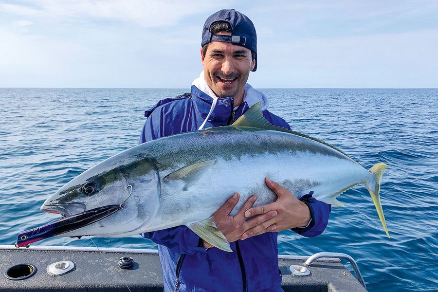 The concave-faced Duckdive poppers splashy retrieve attracted this nice 23kg kingfish in for a look, but it was the pause that proved too hard to resist!
