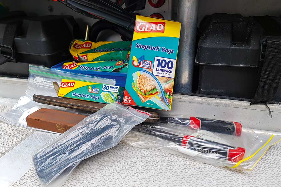  Glad Snap Lock bags in a variety of sizes have many uses on a boat, from keeping the cell phone away from water to storing the catch and the likes of pre-tied traces.
