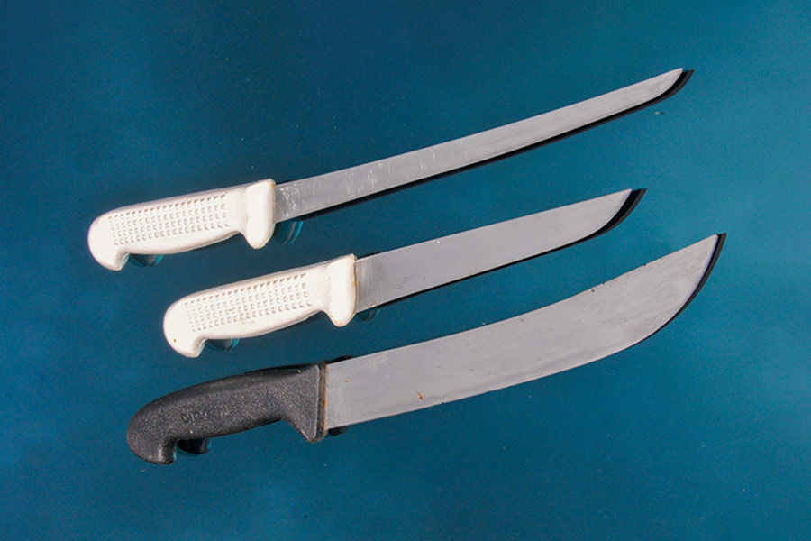 Sam’s favourite filleting blade types – top to bottom: general purpose filleter (also makes a fair skinning blade); ‘gurnard’ knife; and heavy duty big-fish knife.