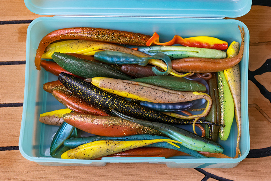 While it may be convenient to keep a variety of soft-baits in one container, you risk colour contamination. Different brands of lures should never be stored together this way.