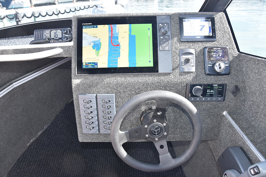 The Senator’s helm station is dominated by the Furuno TZT3 12” MFD.